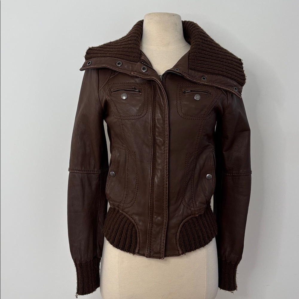KORS Michael Kors Brown Leather Bomber Jacket
